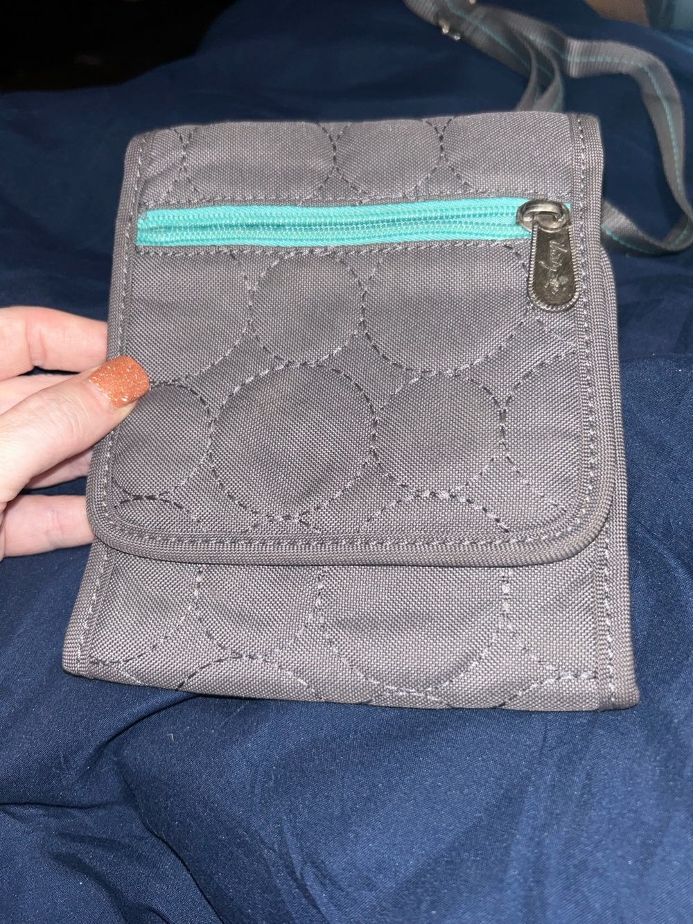 Quilted Crossbody Organizer Bag in Gray with Teal Zipper